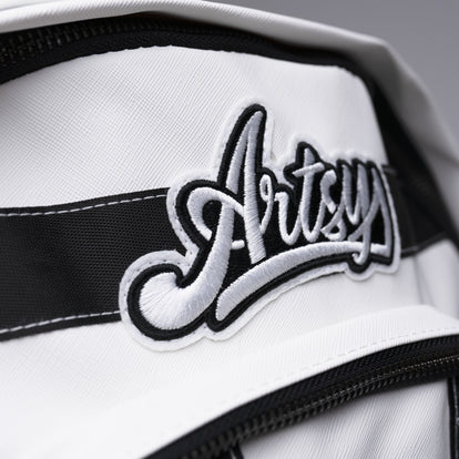 Artsy backpack close up embroidered Artsy logo